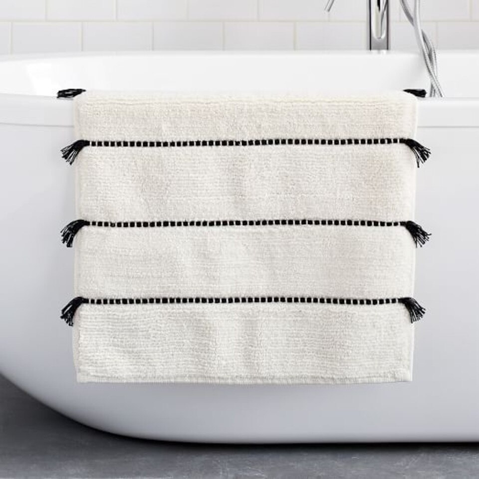 Organic Tassel Stripe Bath Mat Stone White West Elm UK